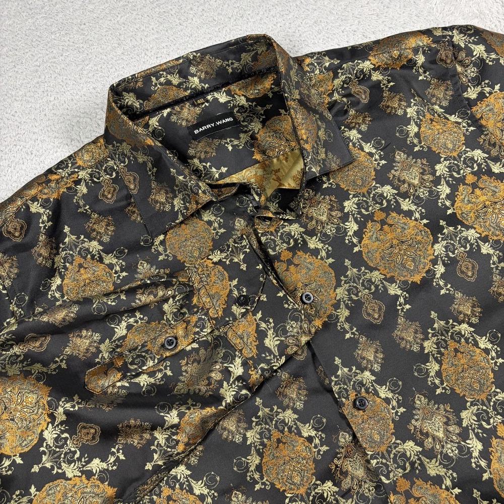 Barry Wang Mens 4XL Shirt Black Gold Baroque Damask Button Up Ornate Medallion
